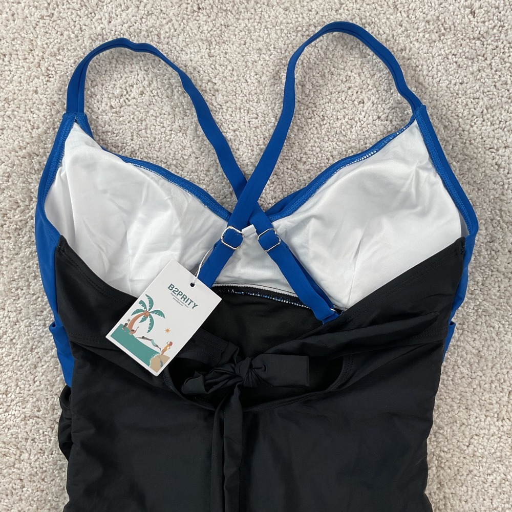 B2PRITY Womens One Piece Swimsuit Blue Black Ruched Size M NEW - Picture 5 of 7